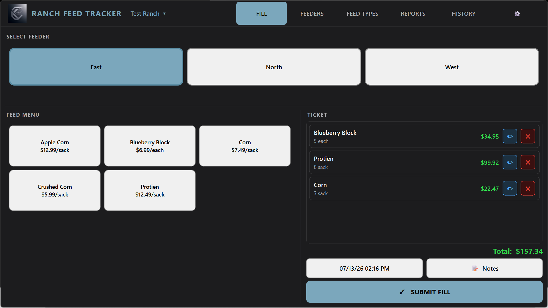 Ranch Feed Tracker fill logging screen
